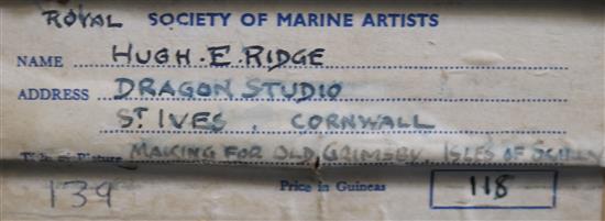 Hugh E. Ridge (1899-1976) Making for Old Grimsby, Isles of Scilly 15.5 x 19.5in.